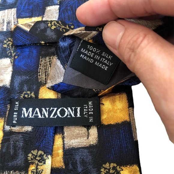 Manzoni Men Italy Silk Neck Tie Blue Black Brown Gold Geometric Design Office - Picture 2 of 4